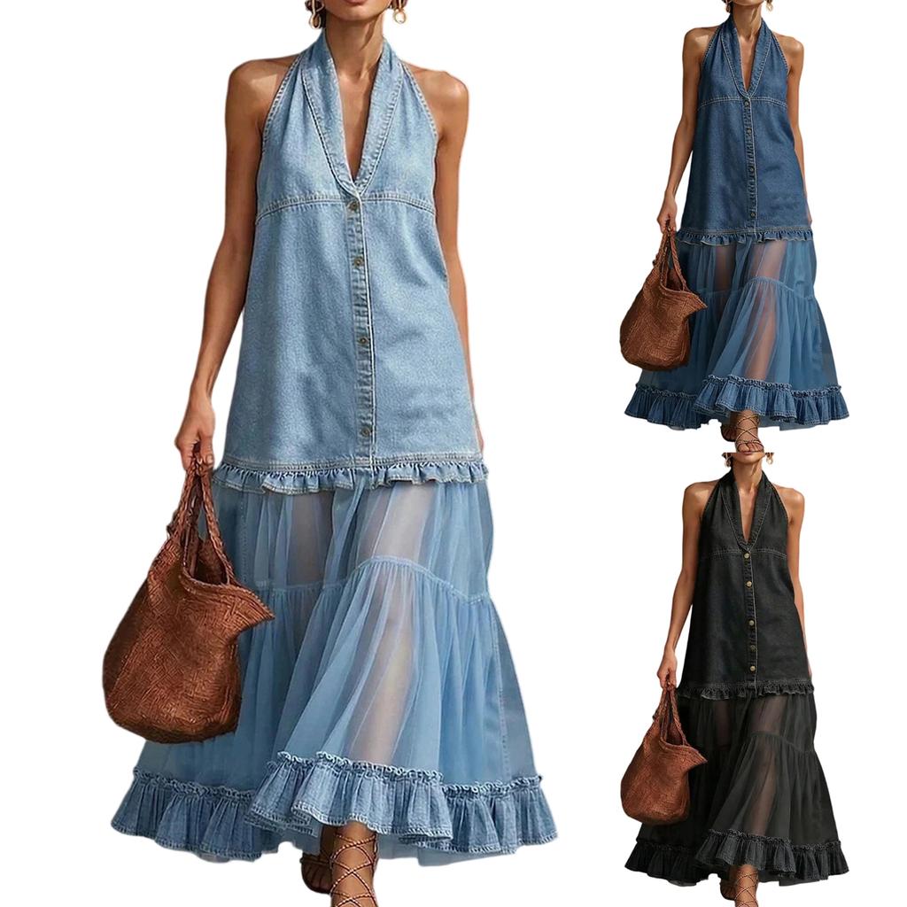 Vestido Maxi sin Mangas con Cuello Halter con Encaje y Paneles Transparentes con Volantes Vestido Largo Casual de Verano para Mujer