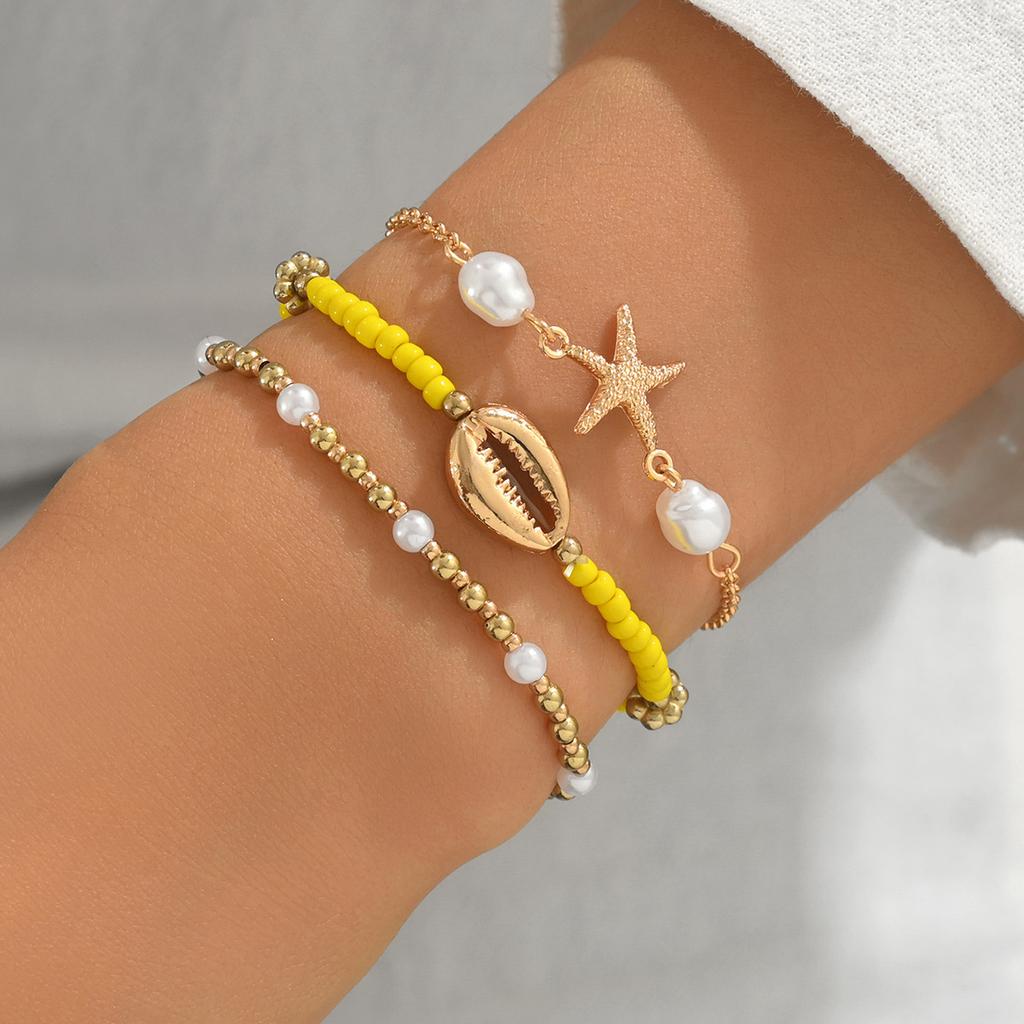 European and American Women's Bracelet, Fashionable Ocean Style Beaded Design Shell Starfish Bracelet Set, Versatile Jewelry.
