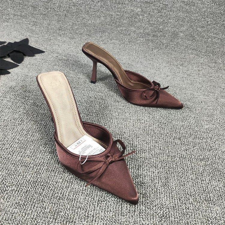 

New Women Baotou Slippers Exquisite Bowknot Decoration Pointed Toe Sandalias Ladies Elegant Party Dress High Heel Sandals 35 коричневый