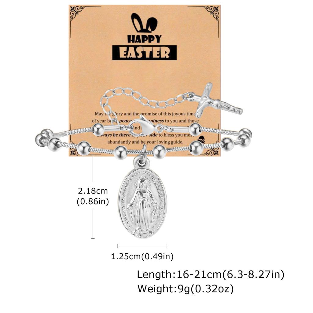 Vnox Rosary Bracelet with Easter Card, Gold Sliver Color Stainless Steel Religious Cross Virgin Mary Prayer Bracelets for Women