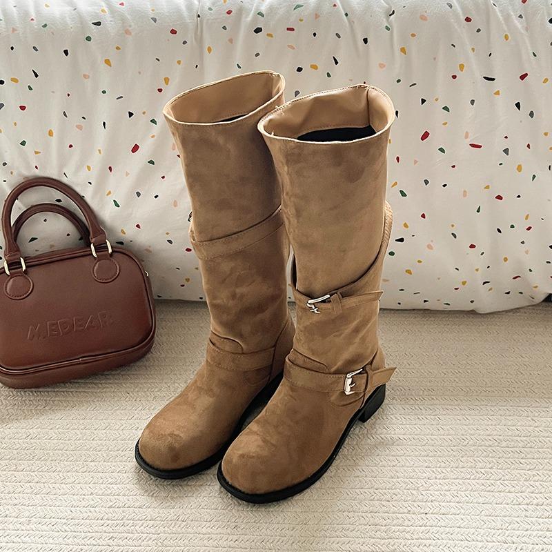 Autumn Winter Thick Heels Women Western Cowboy Boots Fashion Belt Buckle Shoes Female Pleated Long Booties Zapatos De Mujer