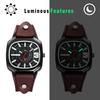 Square Watch with Genuine Leather Strap and Luminous Analog Large Quartz Watch with Adjustable Unisex Perfect Gift for or Any Men's Display Retro,