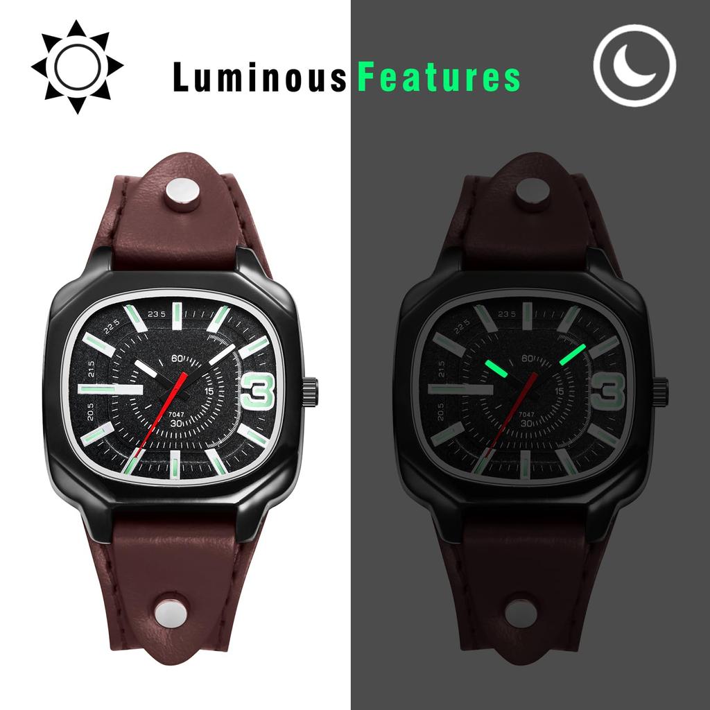 Square Watch with Genuine Leather Strap and Luminous Analog Large Quartz Watch with Adjustable Unisex Perfect Gift for or Any Men's Display Retro,