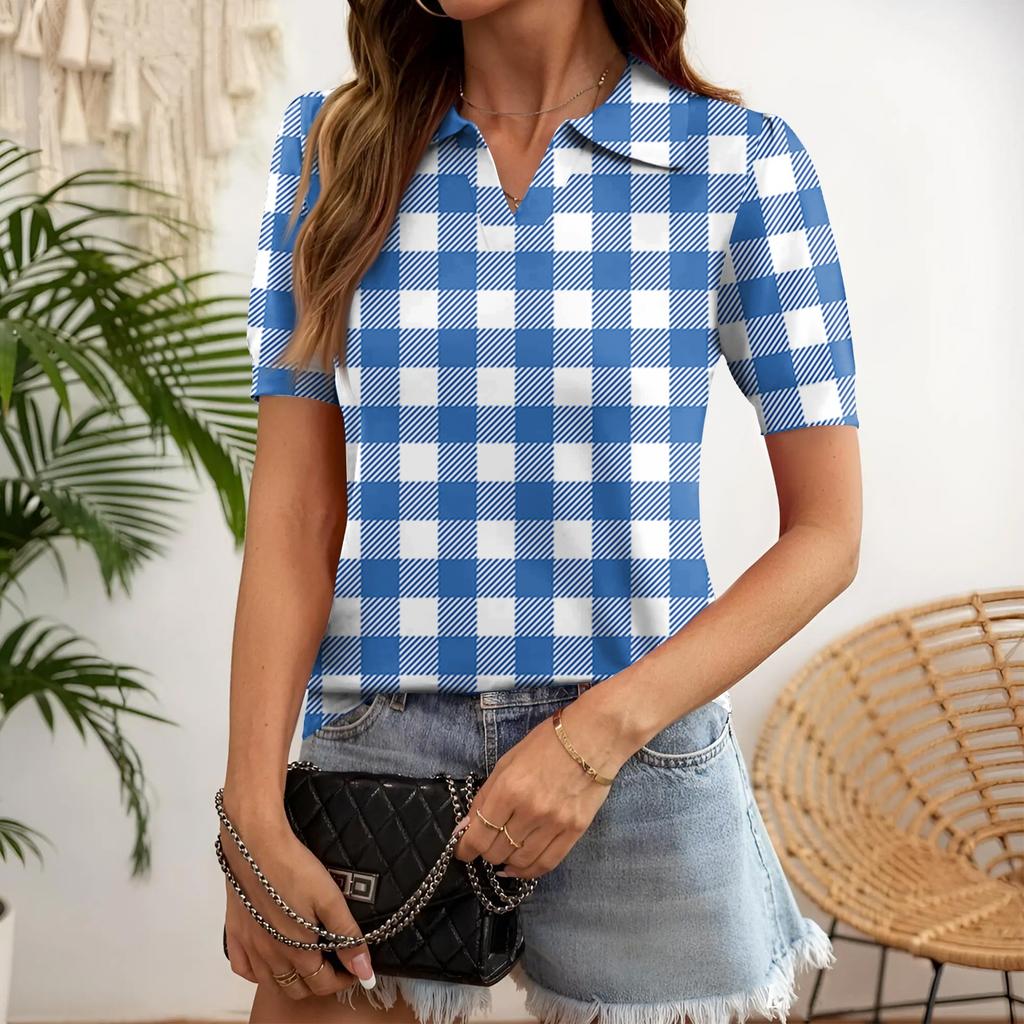 Women’s Short Sleeve Polo Shirt with Classic Checkered Pattern Casual Collar Design for Daily Wear Office School
