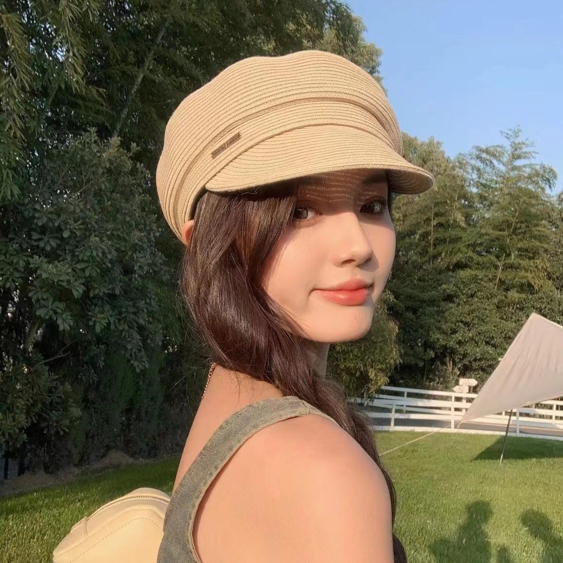 Summer fine grass woven straw hat children casual versatile sunscreen baseball cap cap cap beret show small face бежевый