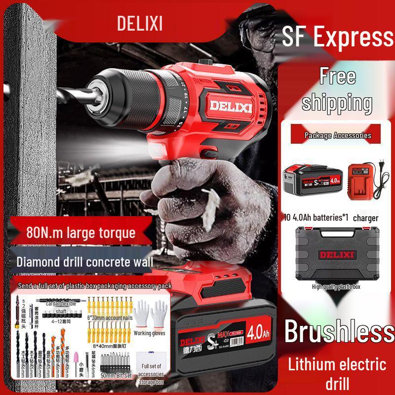 Delixi Brushless Lithium Electric Hand Drill - Pistol Grip for Household Wall Drilling and Impact Holes