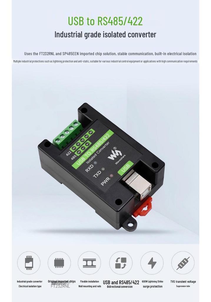 Industrial USB to RS485/RS422 Isolated Converter with Multiple Protection Circuits; Supports Wall and Rail Mounting.