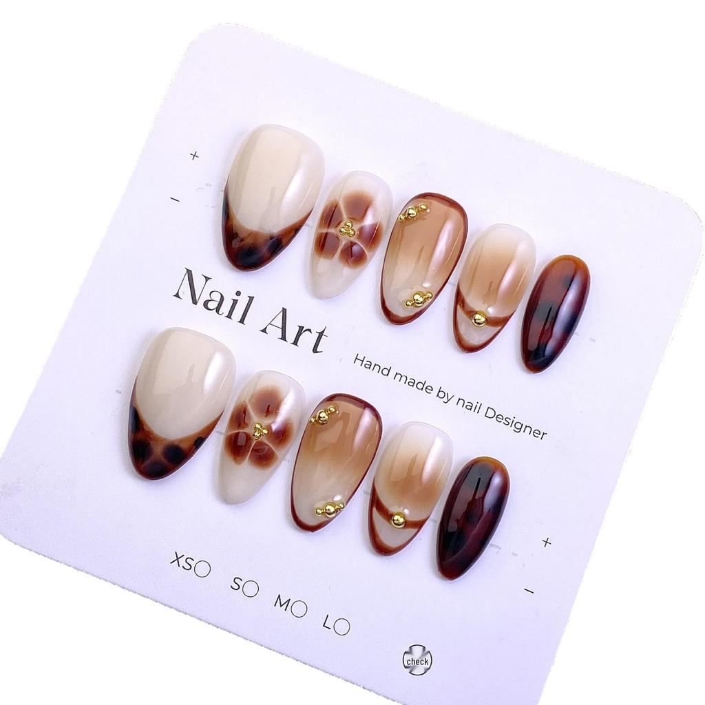 Elegant Brown Gradient Press-On Nails with Gold Beads – Autumn/Winter Luxury Style