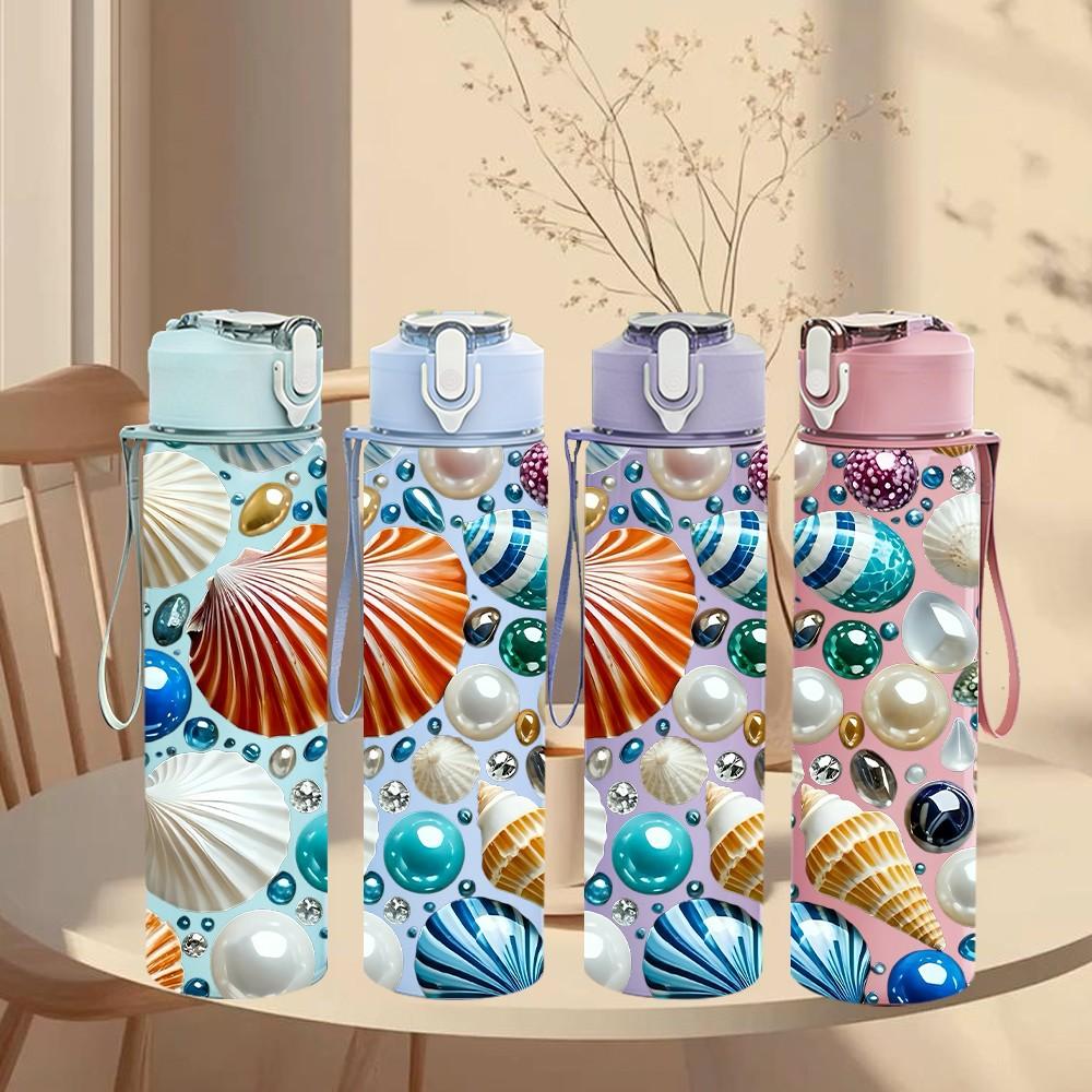 1PC Seashell Conch Ocean Beach Theme Print 750ml Color Plastic Sports Water Bottle Leakproof Flip Straw Lid Suitable for Sports Office Home Use