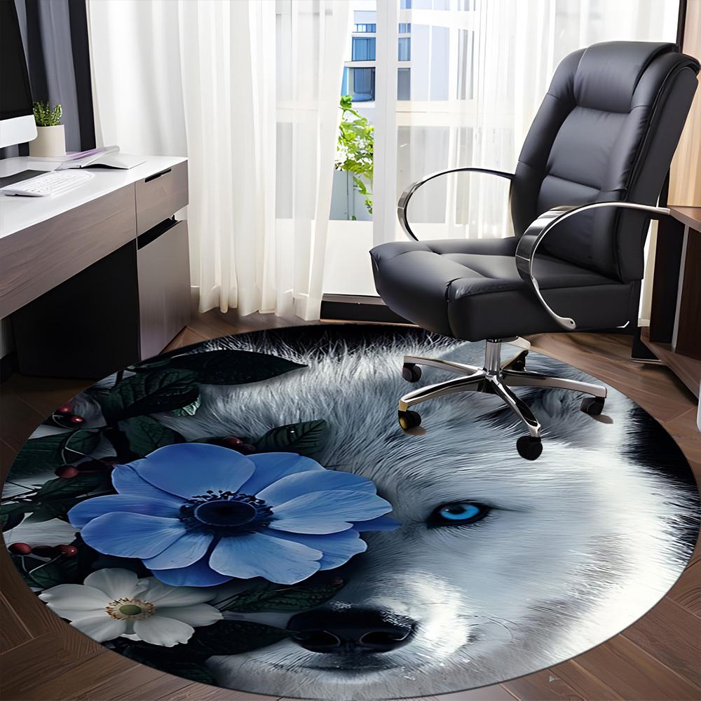 1pc Wolf Flowers Office Round Area Rug, Indoor Mat Suitable ForOffice, Under Office Chairs Bedroom Living Room Home Decor, Room Deco T183