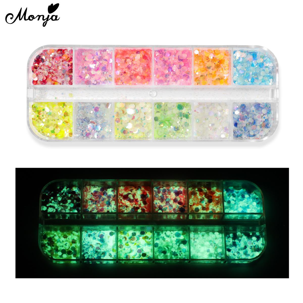 

Monja 12 Grids Box Блеск для ногтей Светящаяся Ночная Русалка Шестиугольные хлопья Флуоресцентные блестки светятся в темноте DIY Маникюр Дизайн Украшения Аксессуары