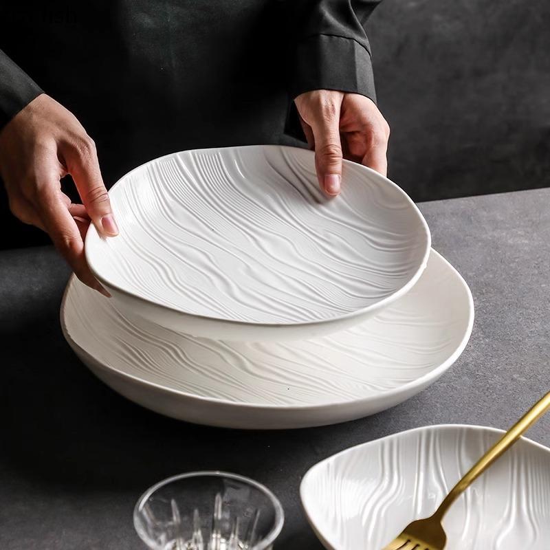 Irregular Ceramic Deep Plate Water Ripple Pure White Salad Plate Thick Soup Plate Dessert Dish Pasta Plates Creative Tableware