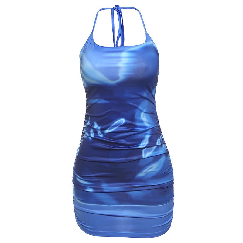 

Euro-American Women s Summer Color-Block Halter One-Shoulder Backless Ruched Bodycon Dress Large синій