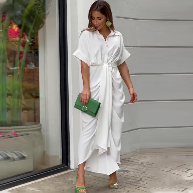 Vestido de cintura alta com manga curta e bandagem para mulheres, verão, boêmio, gola virada para baixo, vestidos longos sólidos, casual de rua, férias, vestido de camisa longo feminino