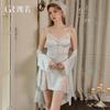 Women's Satin Lace Print Sheer Padded Flutter Sleeve Cami Sleep Dress with Robe Set