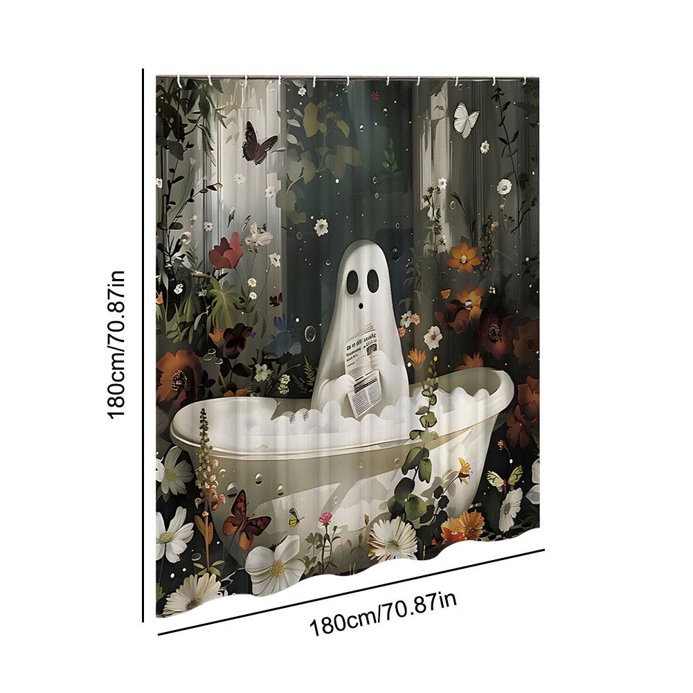 Cute Cartoon Ghost Shower Curtain Set Halloween Shower Curtain Washable Halloween Bathroom Curtain Polyester Fabric with Hooks
