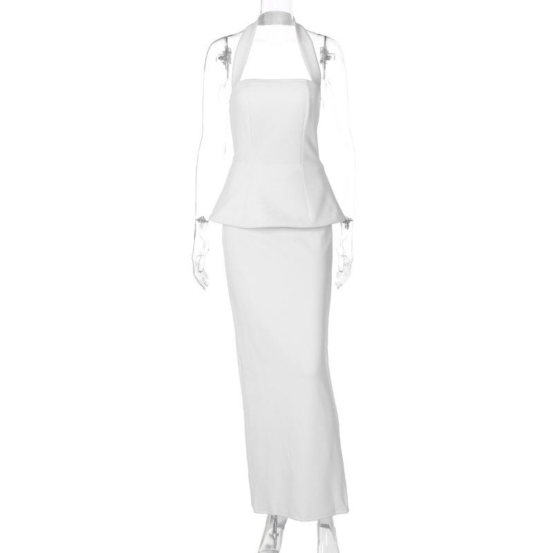 Solid Color Halter Backless Slim Fit Two Piece Tank Top Long Skirt Set For Women