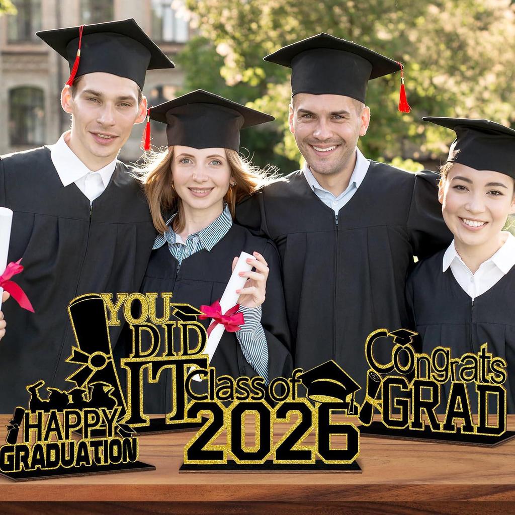 2026 Graduation Desktop Decor: Set of 4 Wooden Ornaments for Party Scenes