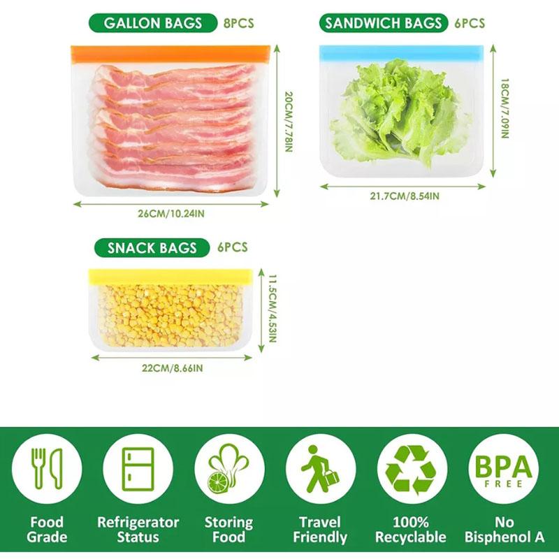 

20 шт. многоразовых толстых силиконовых пакетов для хранения продуктов с застежкой-молнией для заморозки, герметичные 20Pcs