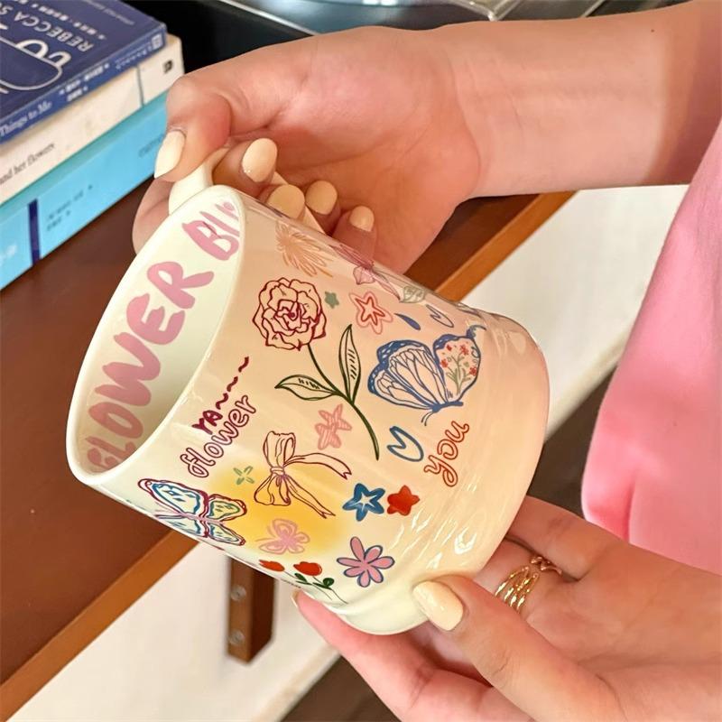 Girly Heart Atmosphere Niche Design Ceramic Graffiti Mug High Value Breakfast Cup Birthday Gift Coffee Cup Cute Mugs for Women