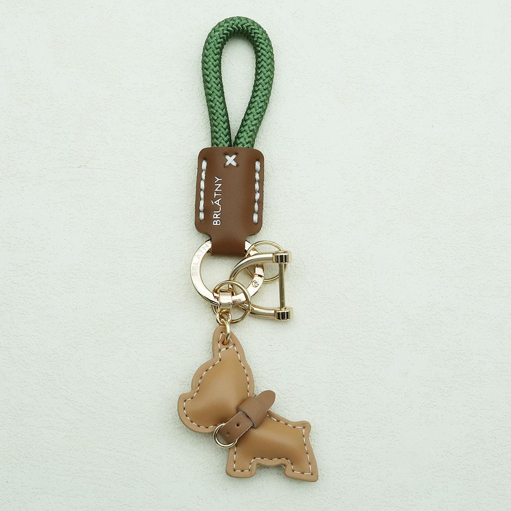 Handmade French Bulldog Genuine Leather Keychain with Anti-Lost Woven Rope Lanyard.
