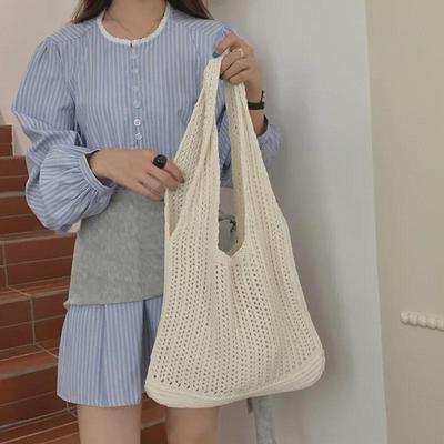 Bolsa de Ombro Tricotada Estilo Coreano Preguiçoso - Grande Capacidade, Cor Sólida, Bolsa de Compras de Lã com Design Vazado
