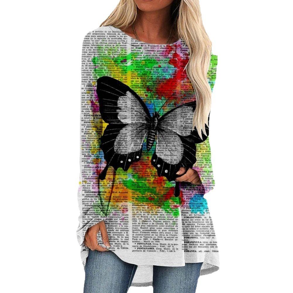 Round Neck 3D Flowers Butterflies Dragonflies Printed Top Fashionable Casual Long Sleeved Women's T-shirts