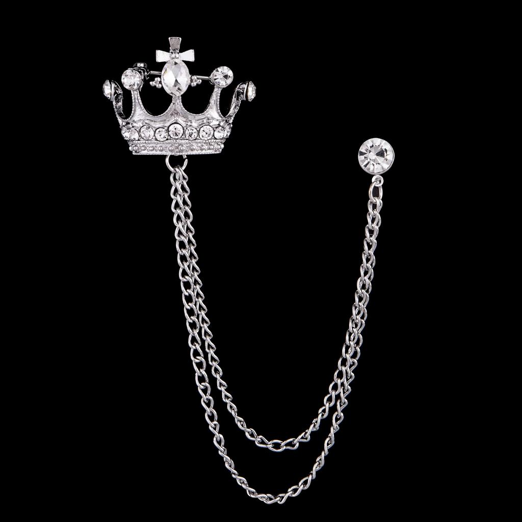 JY Fashion Brooch Vintage Crystal Crown Chain Pin for Men Jewelry Suits Accessories Lapel Badge Brooch