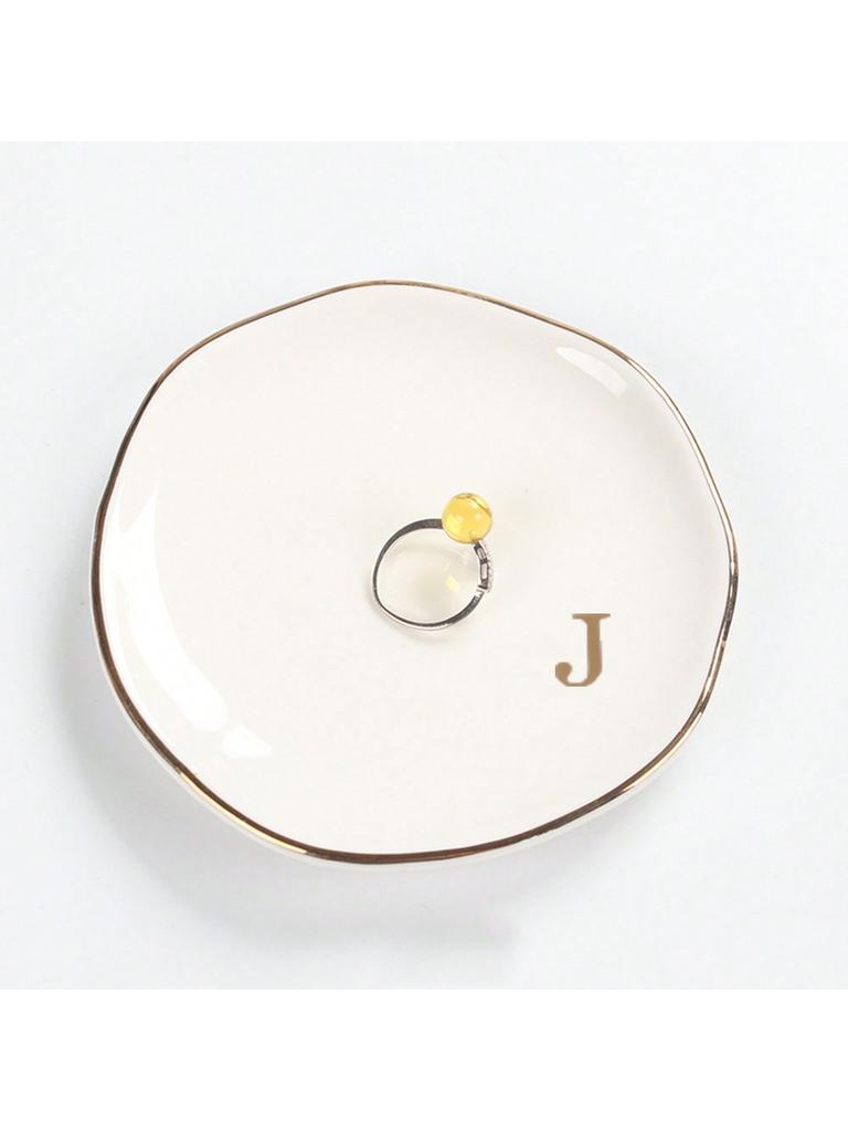 Initials Ring Dish Jewery Tray with Personalized A-Z Monogrammed Gifts Wedding Engagement for Women Friends sister,Ceramic White