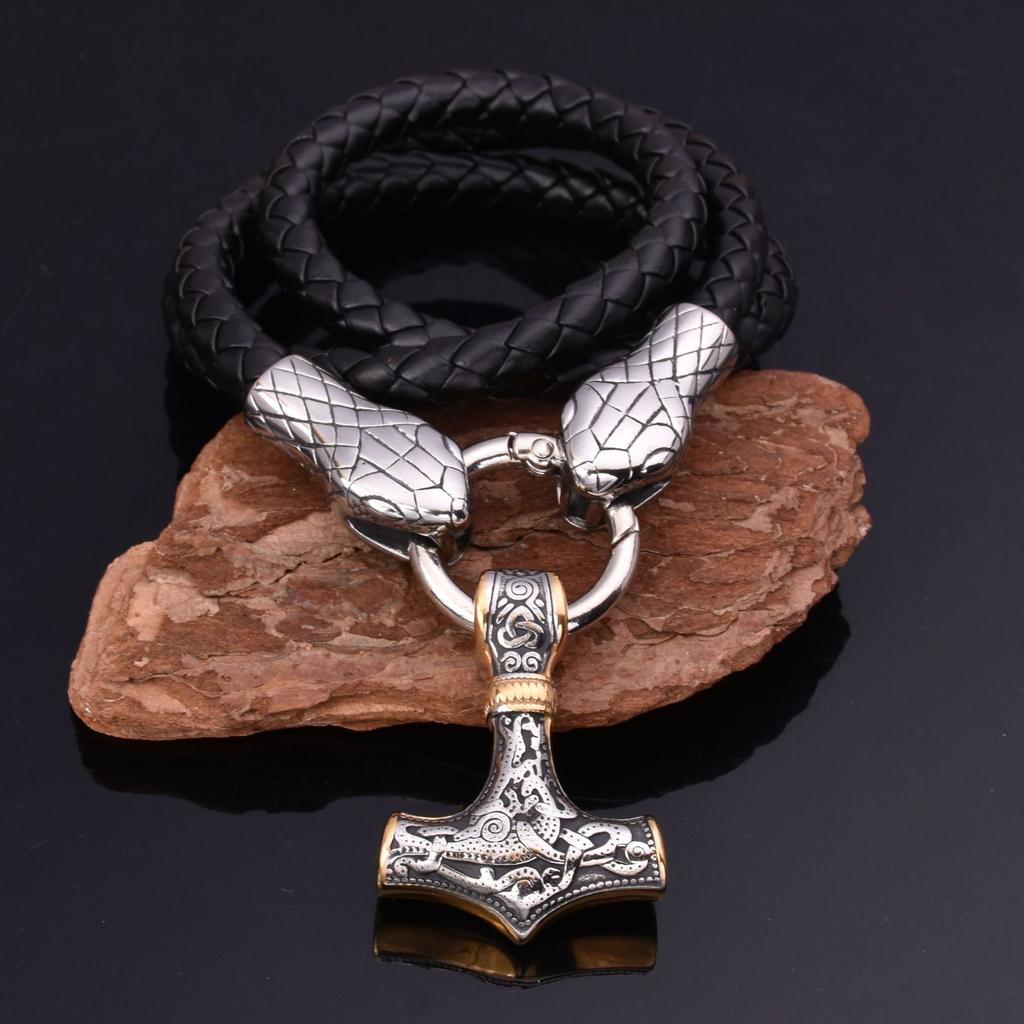 Explosive Nordic Viking Stainless Steel Snake Head Thor 'S Hammer Pendant Necklace Men 'S Jewelry 