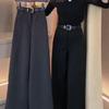 Women's Wool Wide-Leg Pants: Spring/Fall Loose Fit, Straight-Leg, Slimming Pockets with Velvet for Winter.