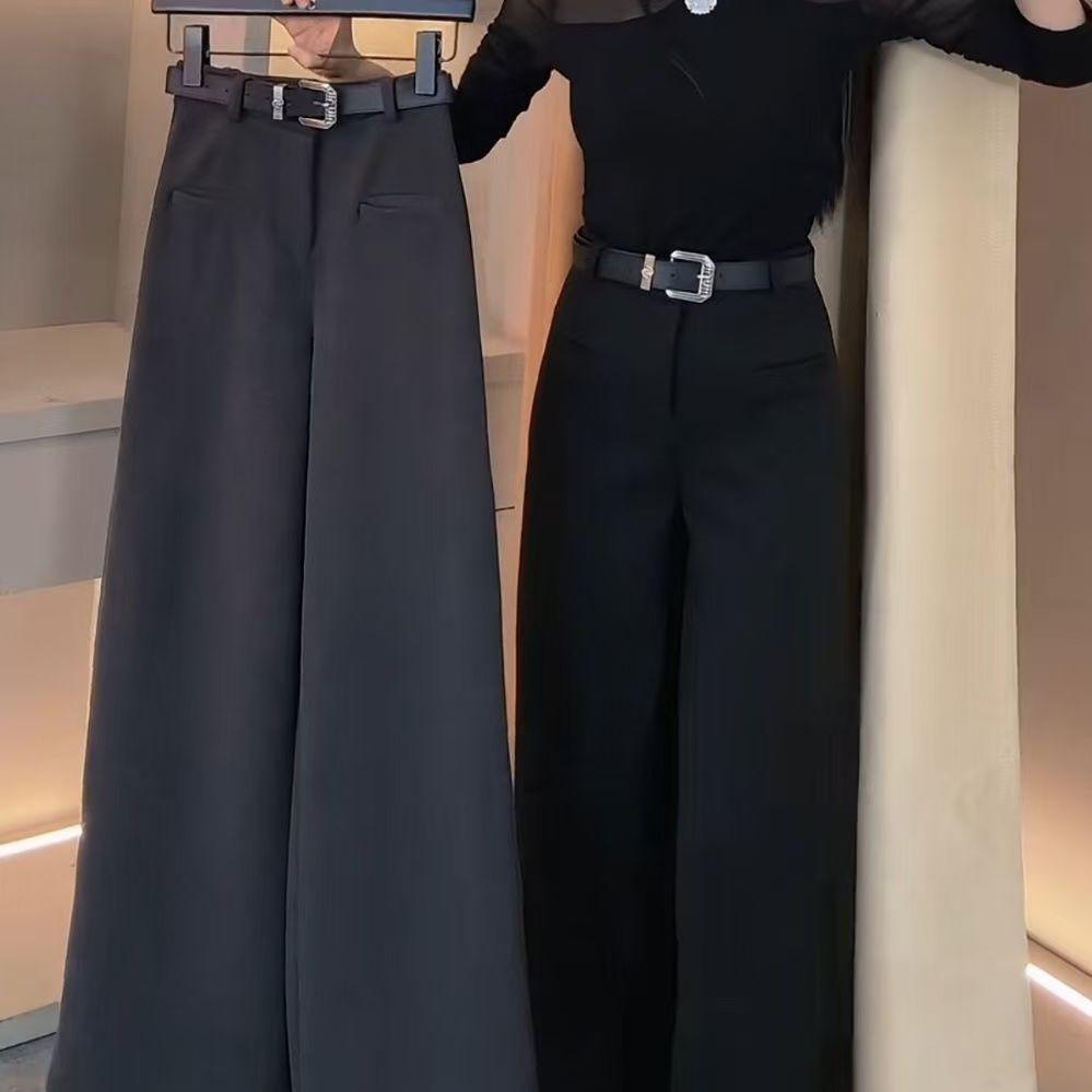 Women's Wool Wide-Leg Pants: Spring/Fall Loose Fit, Straight-Leg, Slimming Pockets with Velvet for Winter.