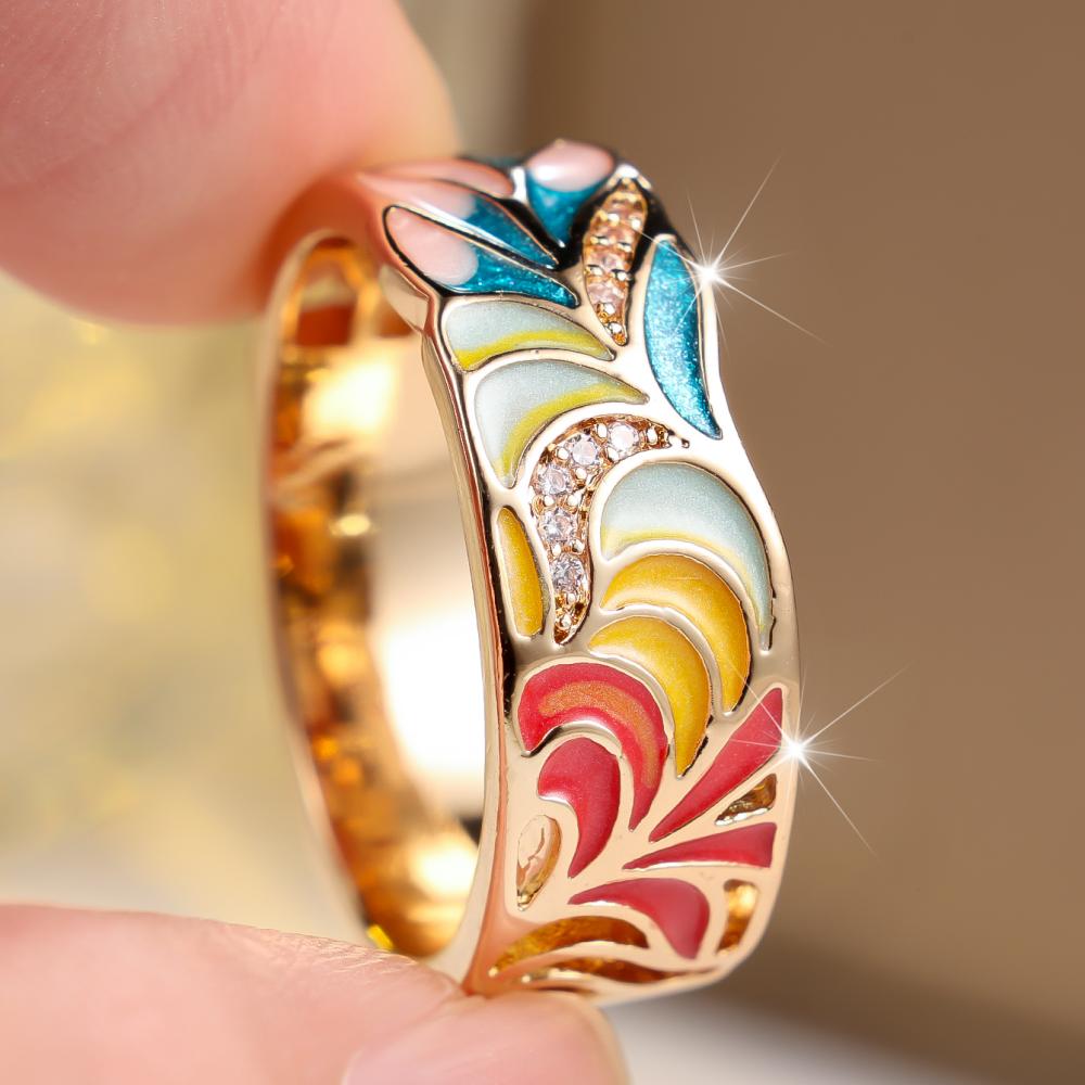 Exotic Gold Color Colorful Enamel Zircon Ring for Women Daily Wear and Party