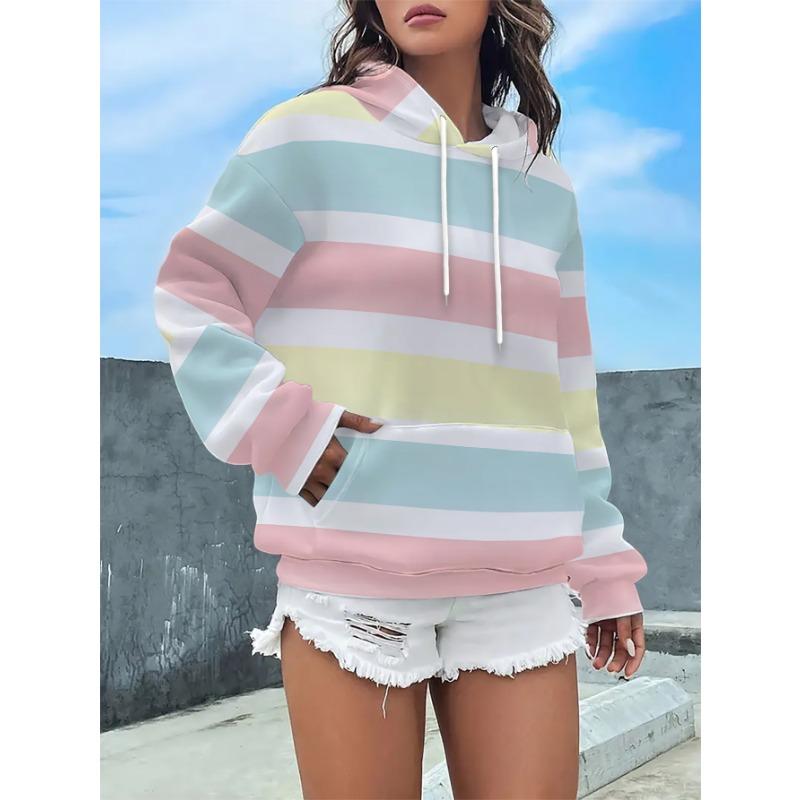Women's Hooded Sweatshirt, Loose-Fit Casual Street-Style, Stretchy Blended Fabric for Easy Wear, Contrasting Color Design