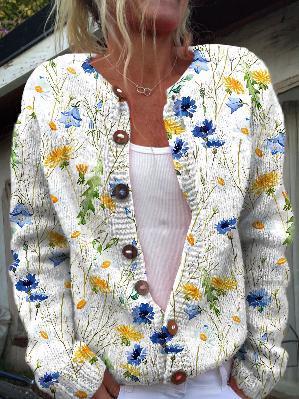 European Style 3 D Print Cardigan Knitted Jacket Spring and Fall Women 7 Sweater