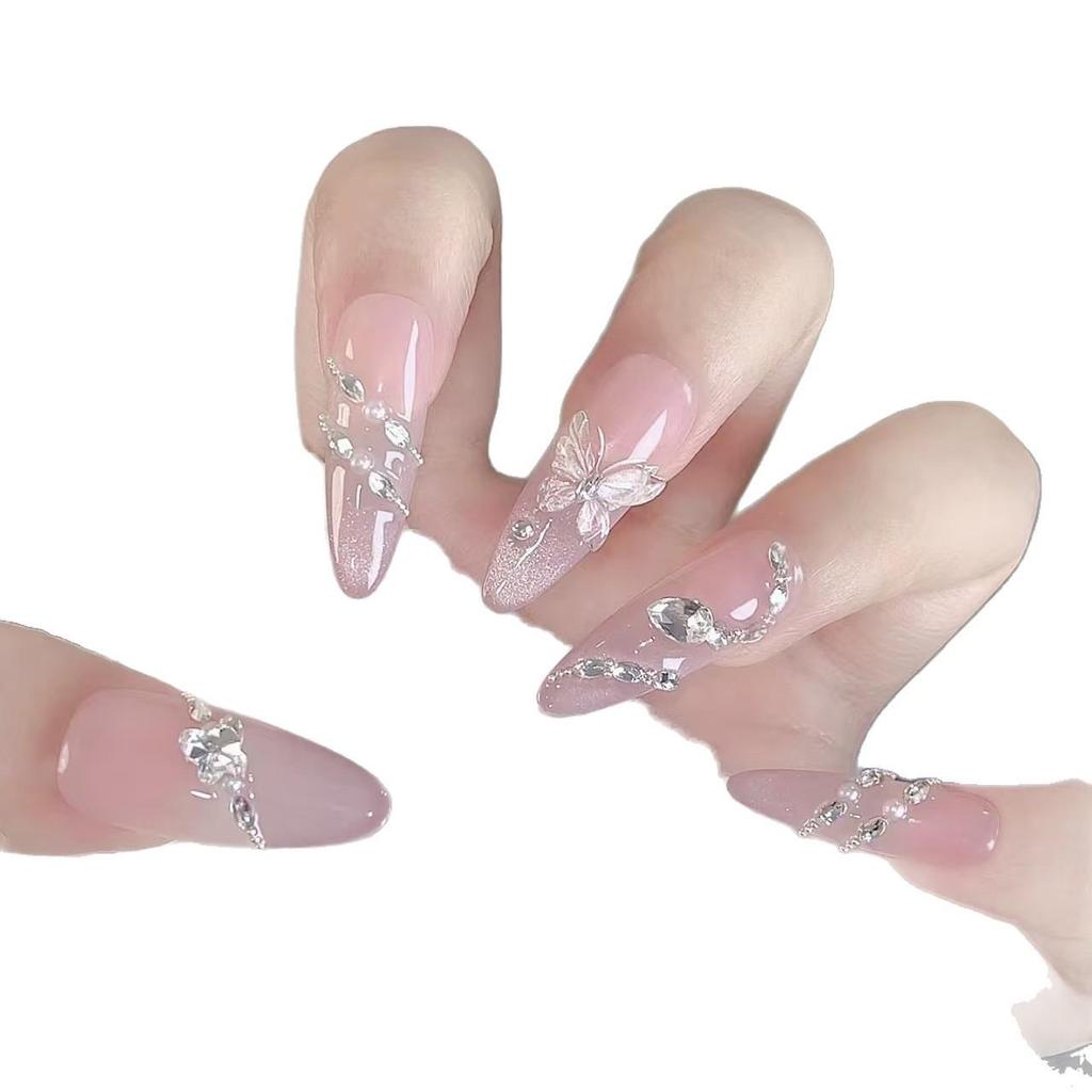 Ethereal 3D Butterfly & Snake Rhinestone Cat Eye Long Nude Nails
