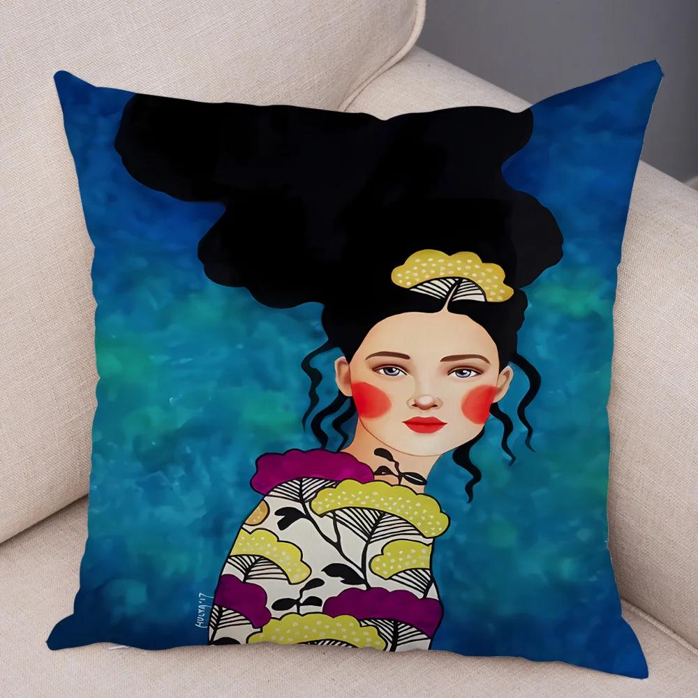 Fashion Abstract Girl Pillowcase Soft Plush Decor Cartoon Flower Lady Cushion Cover for Sofa Home Throw Pillow Case 45x45cm