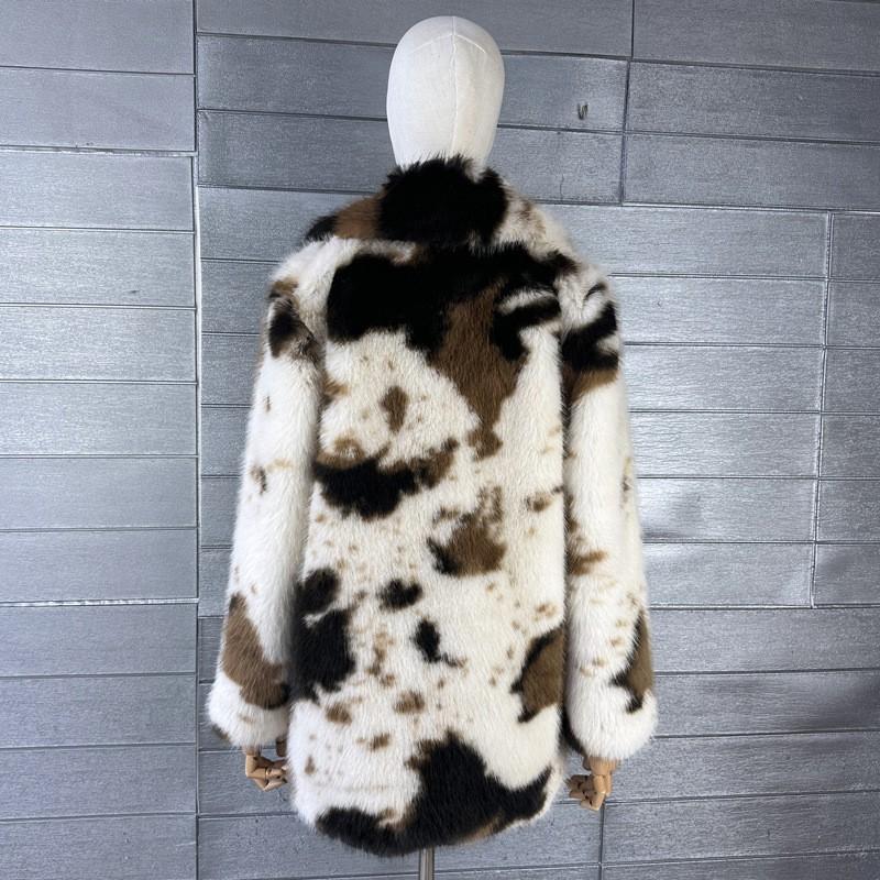 Damen Mittellanger Kunstpelzmantel Kuh Turn-Down Kragen Street Style S-M-L