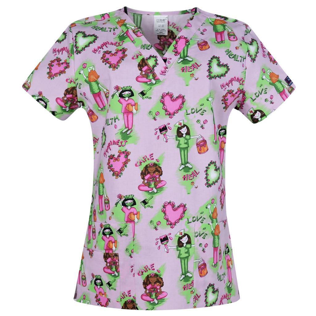 Hennar Uniforme de Trabalho Feminino 100% Algodão Estampado Uniformes Decote V Manga Curta XXS-3XL Hospitalar Clínico Uniforme de Trabalho Top