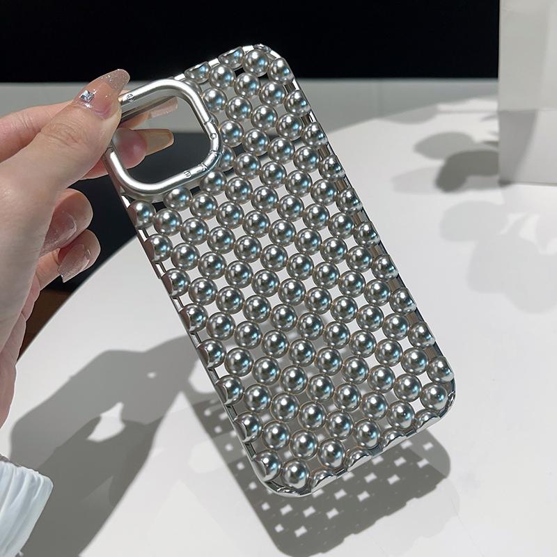 Matte Silver Hollow Out Beads Phone Case For iPhone 13 14 15 16 17 Pro Max 17 Air Summer Heat Dissipation Back Cover