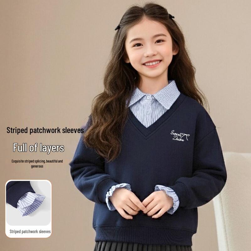 Girls' Faux-Layered Fleece-Lined Polo Sweatshirt