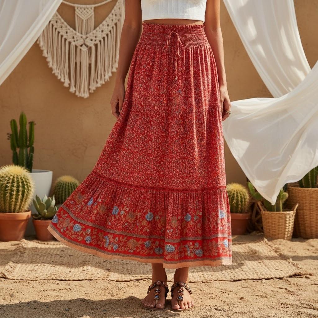 Women Red Floral Print Beach Bohemian Skirt High Elastic Waist Rayon Cotton Boho Maxi Skirts Femme