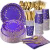 Purple and Gold Party Supplies 140 Pieces Golden Dot Disposable Party Dinnerware - Purple Paper Plates Napkins Cups, Gold Plastic Forks Knives Spoons