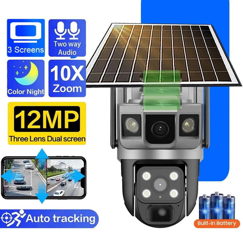 4G SIM Card Solar IP Camera 6K 12MP Three Screens 10X Zoom Outdoor CCTV Auto Tracking Build In Battery Waterproof Security Protection Cam