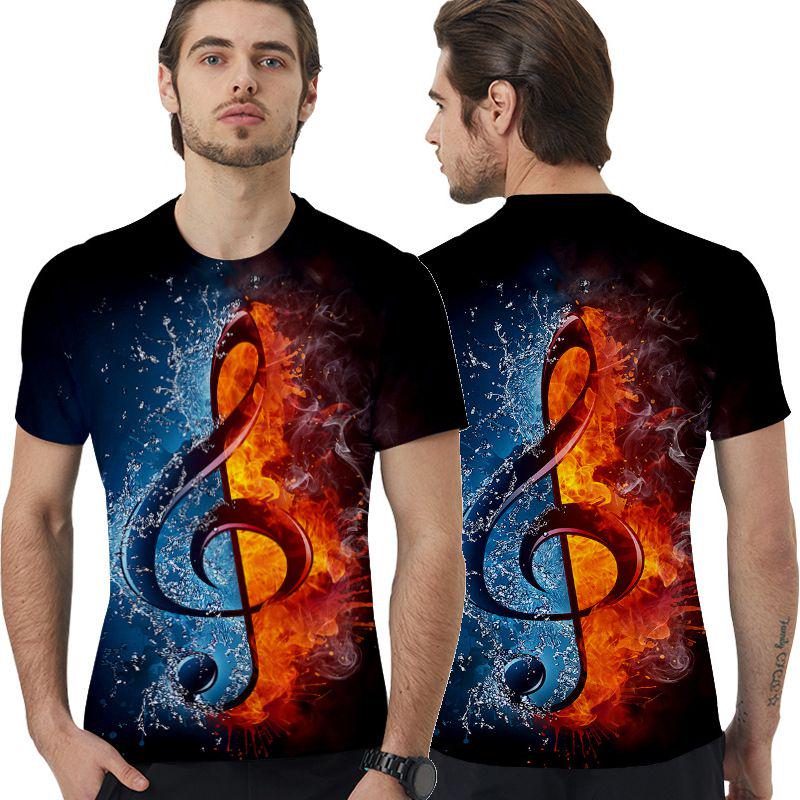Stylish Mens Ice Fire Music Note 3d Printed Short-sleeved O-neck Casual Tee