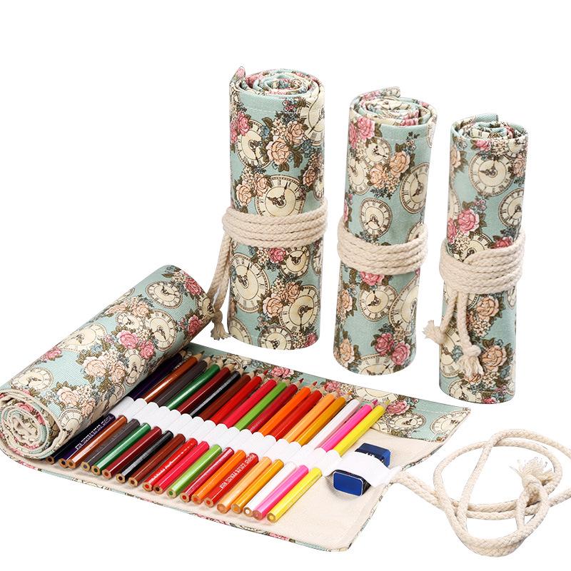 Handmade canvas pen curtain hole large capacity roll pencil case boys and girls color lead sketch stationery box