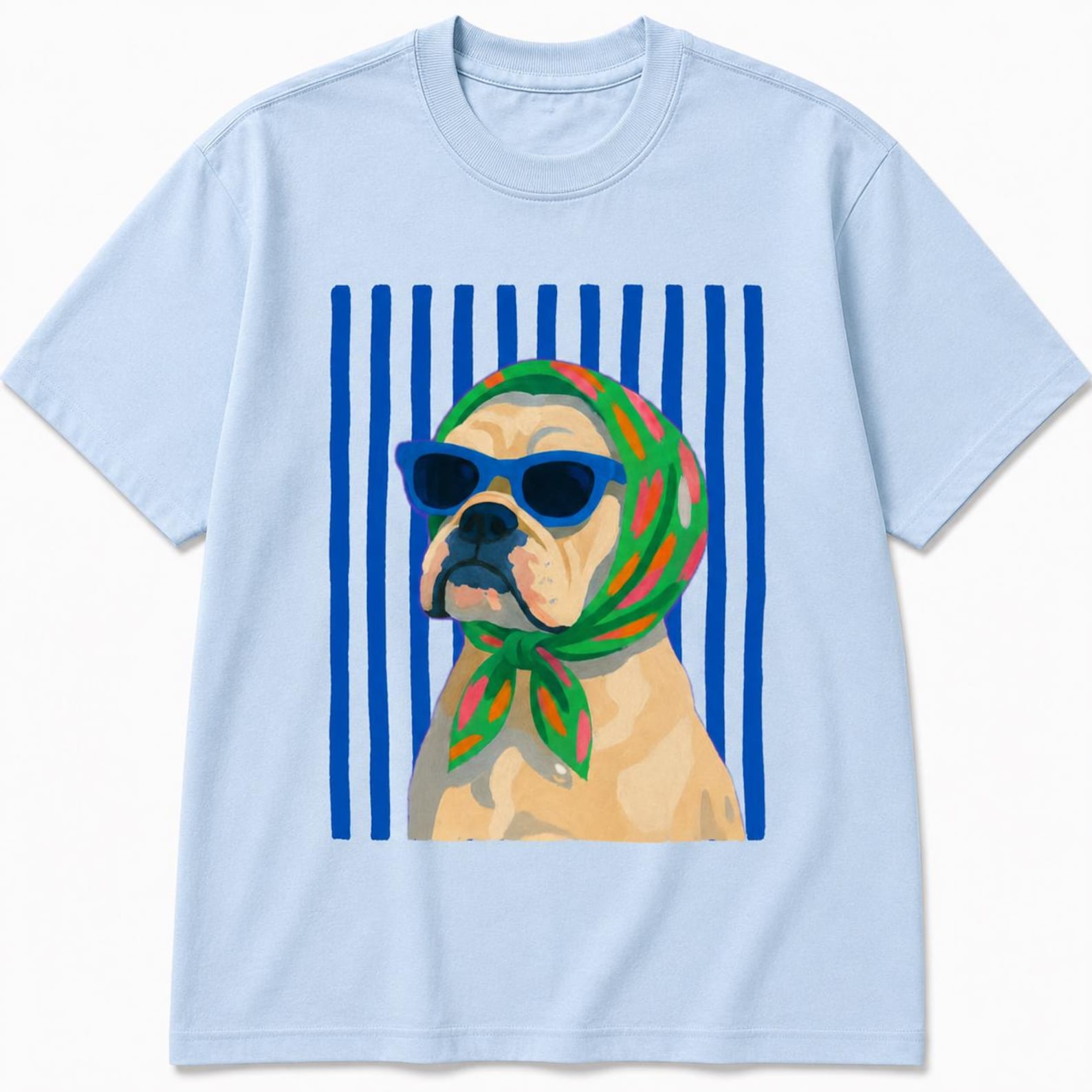Retro Bulldog Graphic Tee: Sunglasses, Scarf, Summer Beach Vibes T-Shirt S