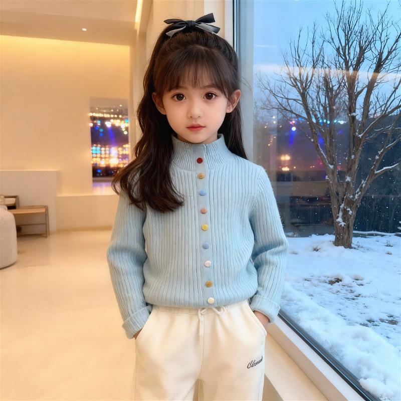 Voyex Stijlvolle Gebreide Fleece Pullover voor Meisjes met Nep Knopen - Herfst/Winter Koreaanse Stijl Veelzijdige Halve Hoge Kraag 110 cm lichtblauwe kleur