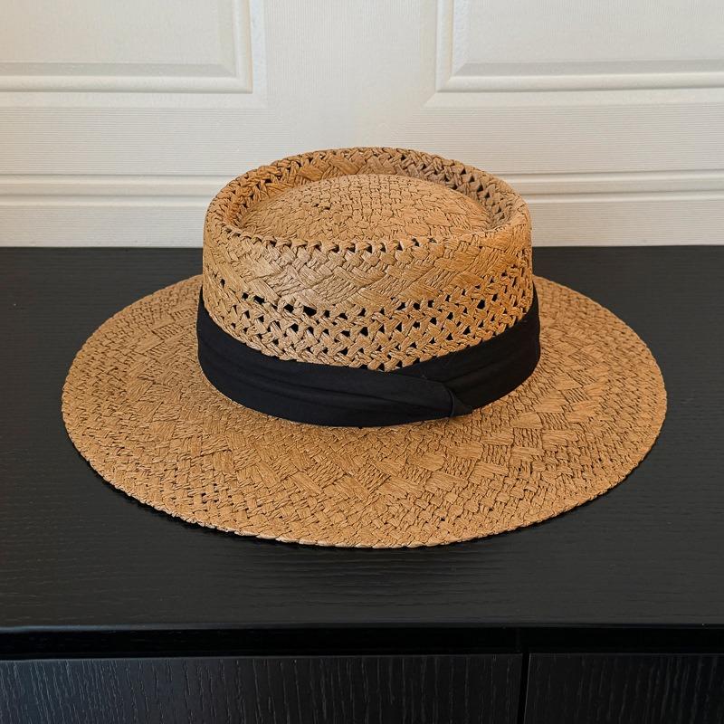New Flat-top Straw Hat Women's Big Head Circumference Seaside Beach Top Hat Woven Sun Hat Summer