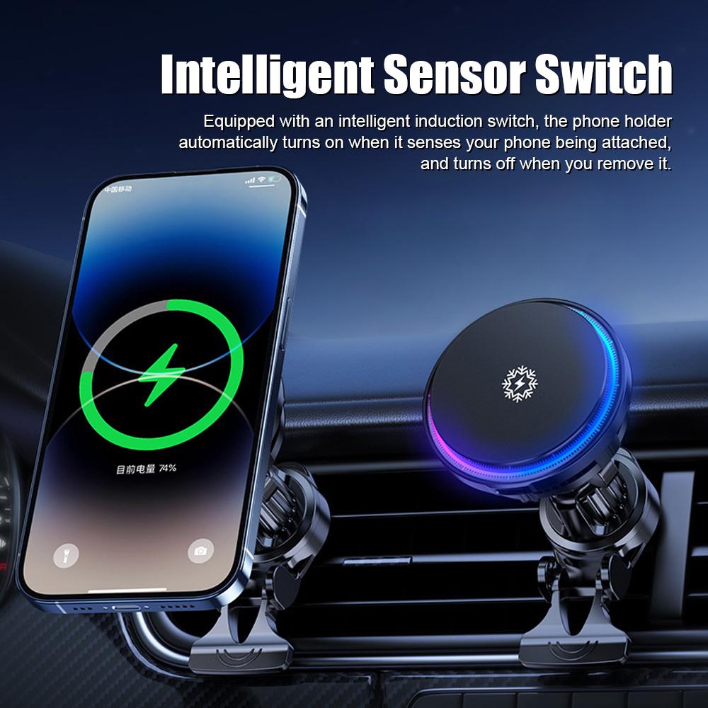 15W Wireless Phone Mount Chargers Ice Cooling Charging Stand Magnetic Phone Holder with Colorful Light Universal for Dashboard Air Vent